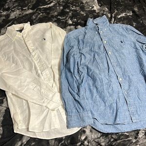 (2) Medium • Linen White/Denim Jean Blue • Long Sleeve Button Down Collar Shirt